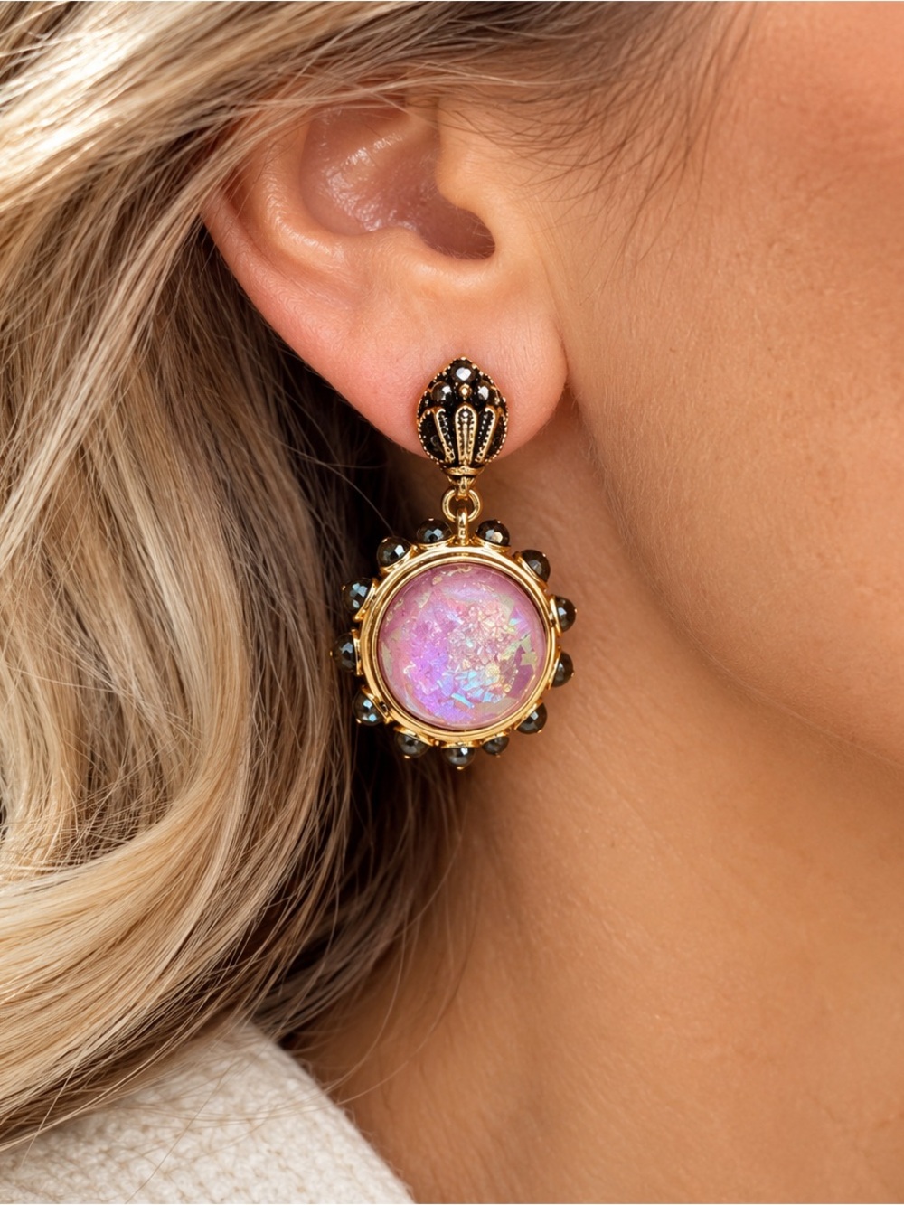 NWT Kurt Geiger Pink Iridescent Drop Earrings Gold Tone - Picture 2 of 7